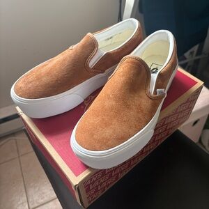 Vans Women’s Slip-On Platform Suede Sneakers in Tan and White